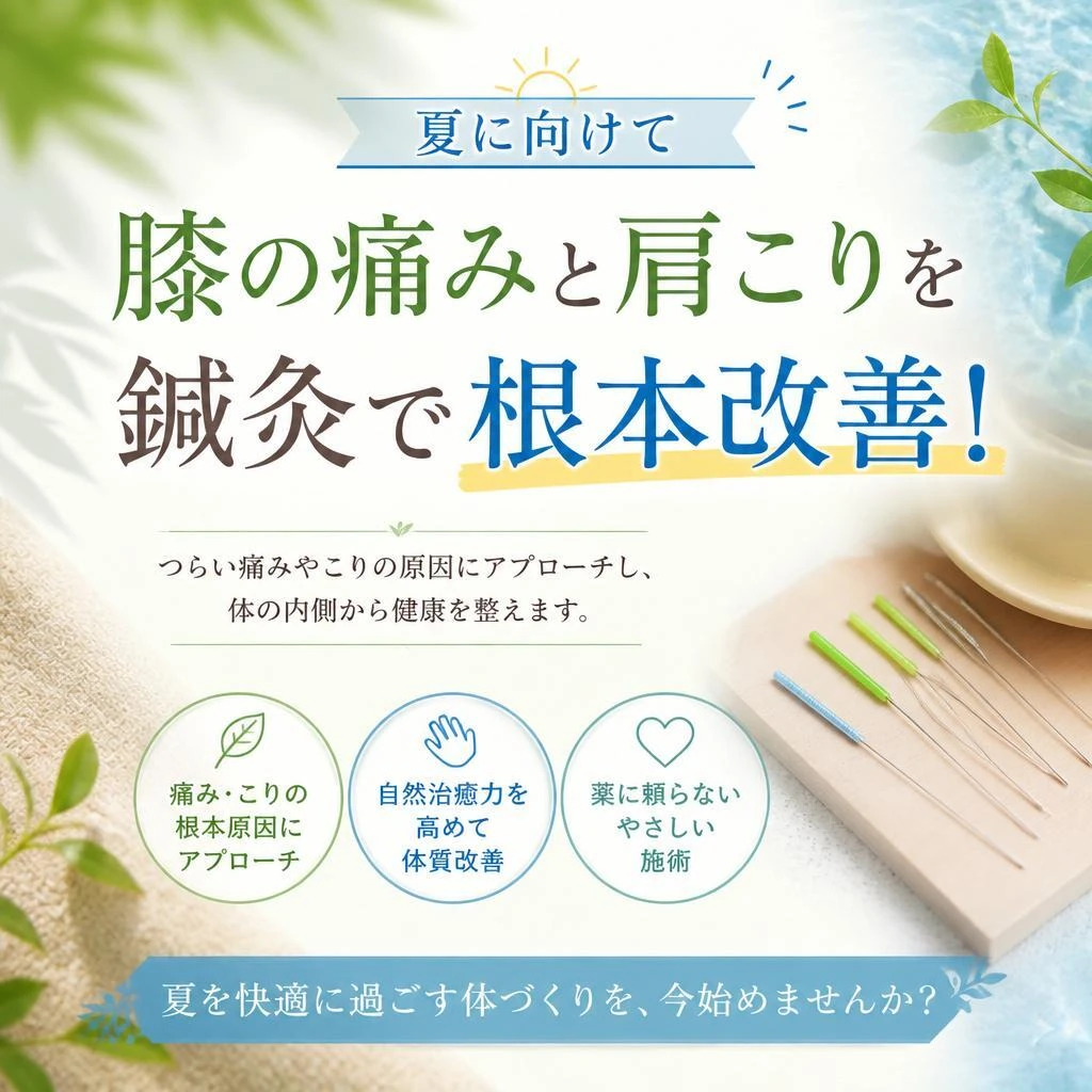 夏に向けて、膝の痛みと肩こりを鍼灸で根本改善！